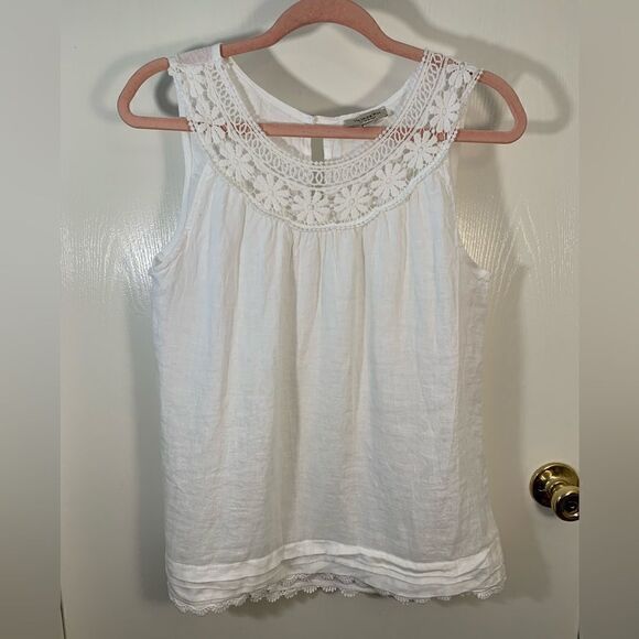 Via Signoria EUC white floral lace trim linen tank top Size medium - Picture 1 of 6